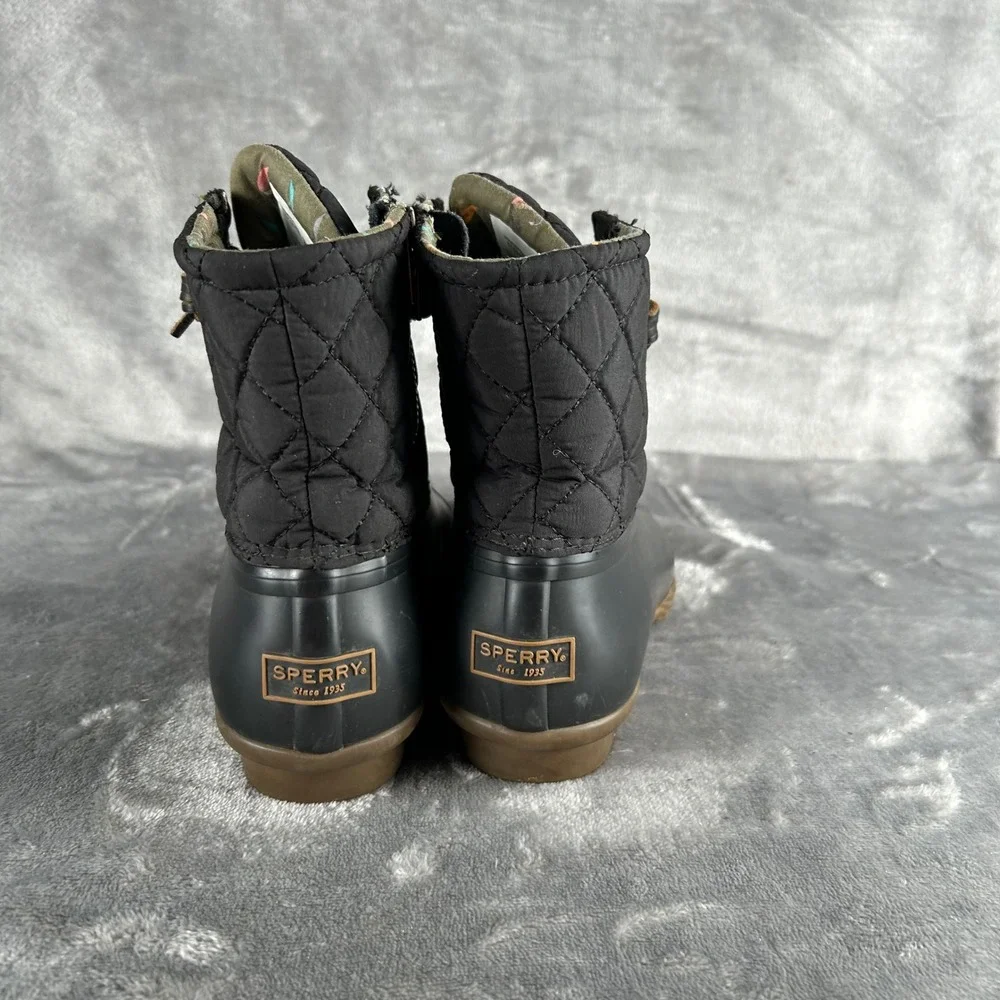 Sperry Saltwater Quilted Duck Boots Black Rubber Floral Lining STS94063 Size 8